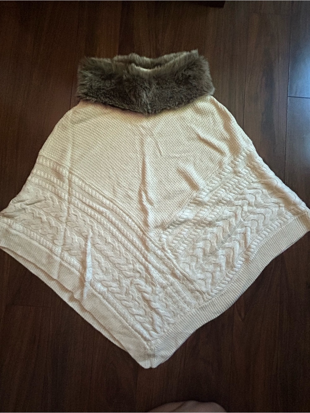 Talbots Cream Knit Poncho with Faux Fur Collar
